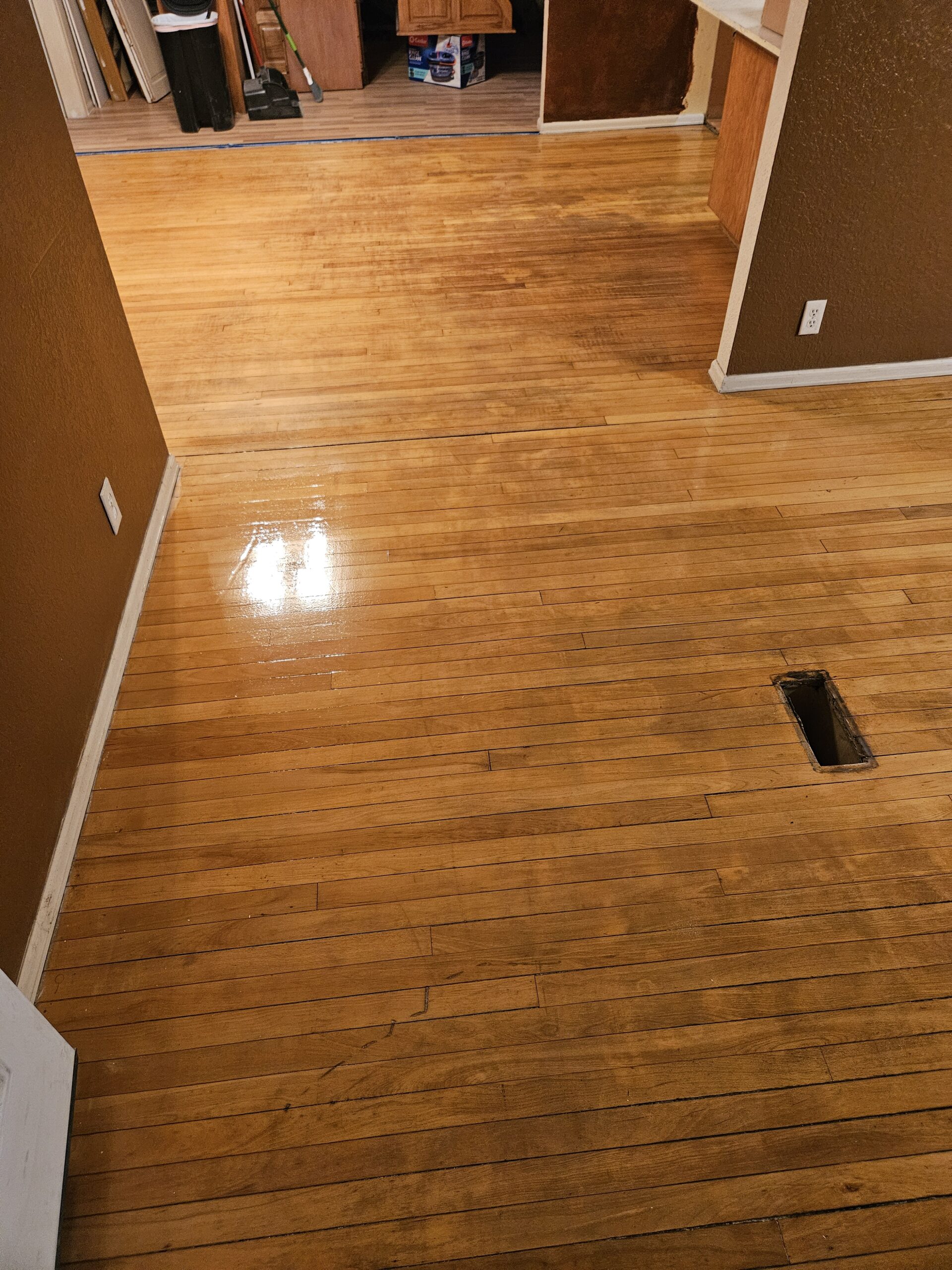 Gorgeous hardwood floor after screen and recoat refinishing Pueblo CO