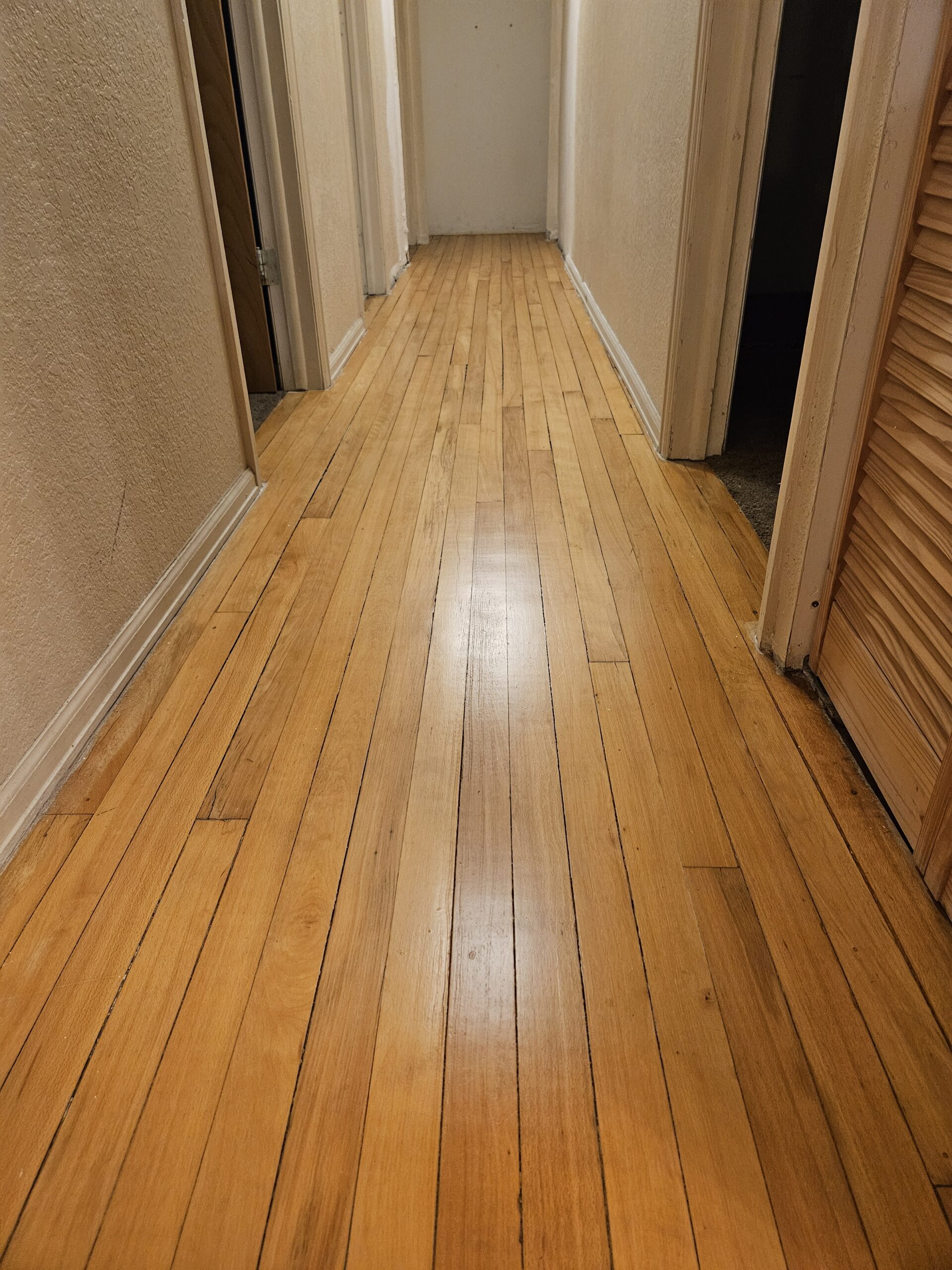 Freshly refinished golden oak hardwood floor hallway Pueblo CO